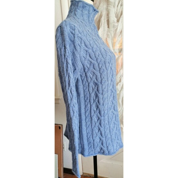 Vintage Chunky Cable Knit Sweater Women M Cotton Wool Blue High Neck - Picture 2 of 3
